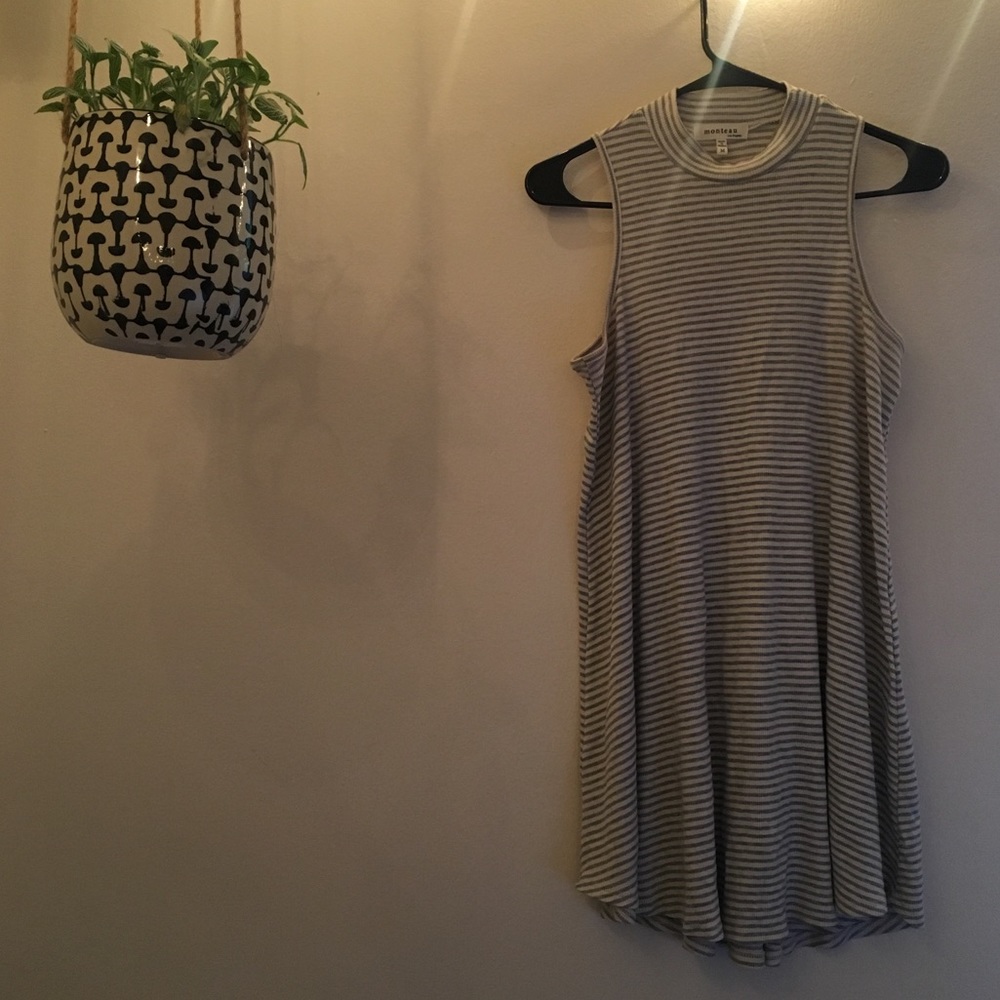 Gray & White Striped Mock Neck Shift Dress